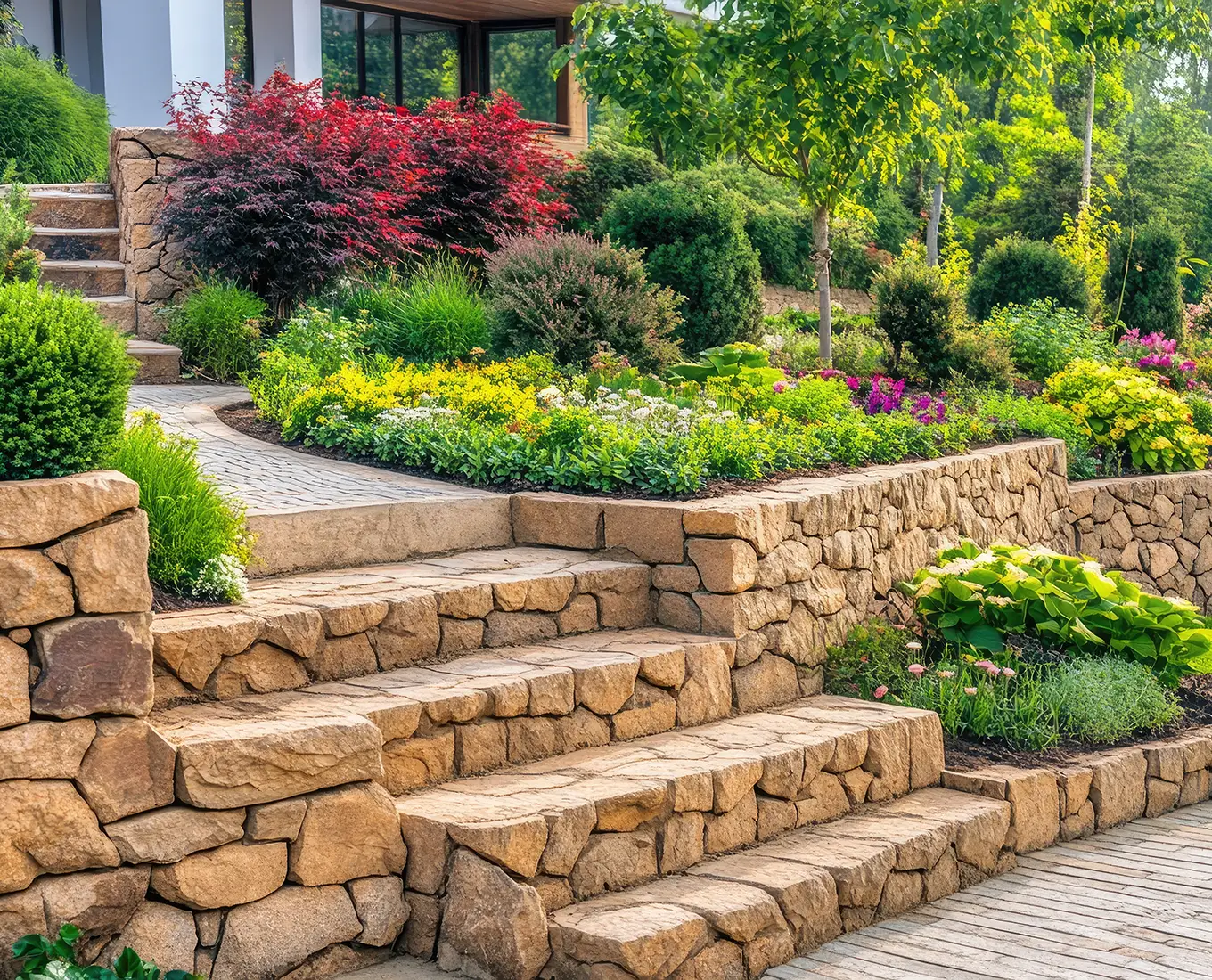 Terraced garden beds with stone retaining walls done by Arizmendi Brothers in edwardsville il